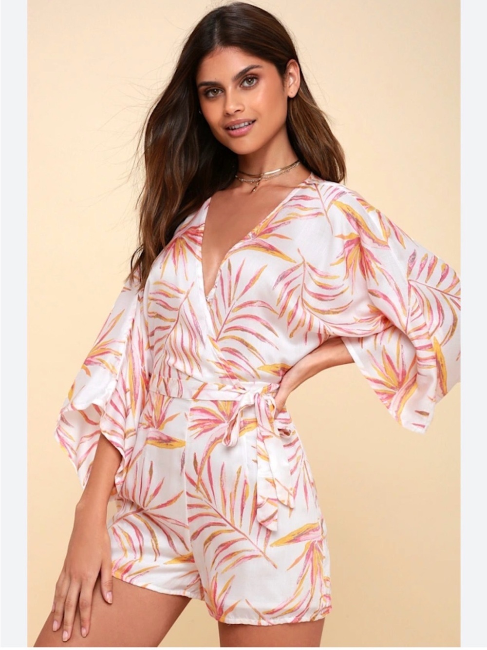 Amuse Society White Romper with Pink & Yellow Palm Print AZ0800